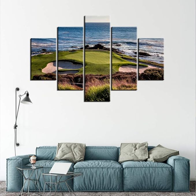 Golf Artwork for Walls Greens and Bunkers in California Paintings USA Landmark Picture Giclee 5 Panels Canvas Wall Art HD Prints Home Modern Decor Framed Ready to Hang in Living Room(60''W x 40''H)