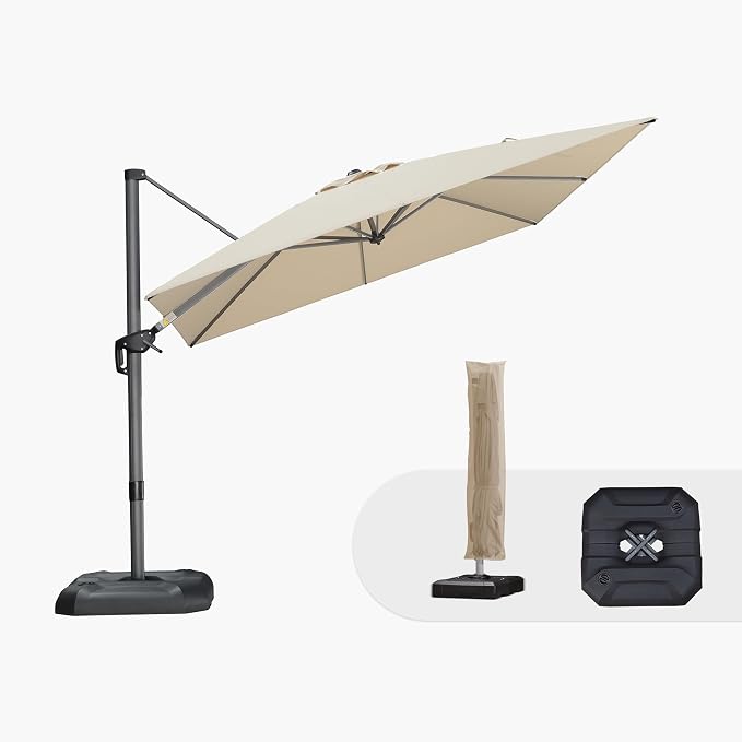 PURPLE LEAF Umbrella with Base & Cover 9' x 9' Custom Height Control Beige | by PURPLELEAF