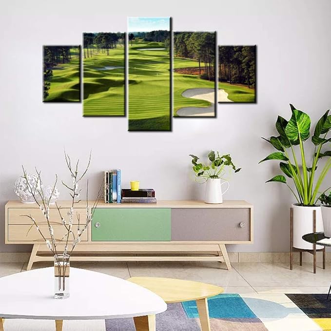 Green Golf Course Wall Art Golfing Sport Paintings for Living Room 5 Panels Prints on Canvas Bunker Pictures Landscape Artwork Gallery-Wrapped Home Modern Decor Framed Ready to Hang(60''W x 32''H)