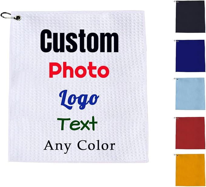 Customized Golf Towel,Personalized Custom Towel for Golf Bags with Carabiner Clip 12"x12", Add Your Photo Picture Text Name Logo,Absorbent & Durable,Retired Gifts for Coworker,Bulk 1-100pcs