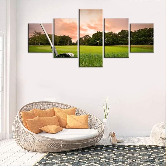Wall Pictures for Living Room Golfing Sports Paintings Multi Panels Printed on Canvas Golf Field at Sundown Contemporary Artwork House Decor Giclee Framed Strethed Ready to Hang(50''W x 24''H)