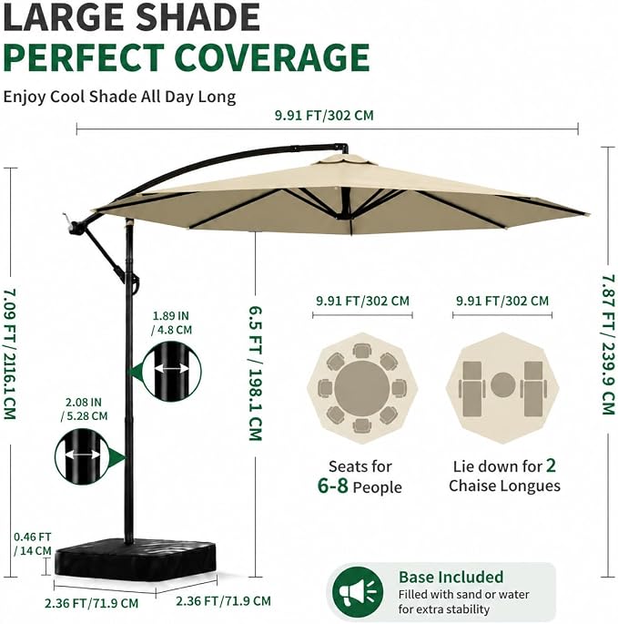 10FT Patio Umbrella with Base, Outdoor Umbrella Pool Umbrella Cantilever - Image 5