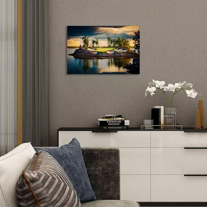 chenchenArt Sunset Landscape Golf Course Wall Art Picture Golf Course Wall Decor for Living Room Bedroom Bathroom Home Decorations Canvas Prints Framed Ready to Hang(12''H x 16''W)