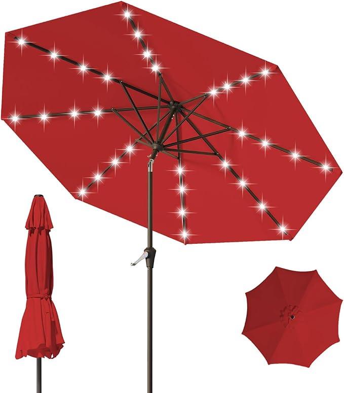 9FT Patio Umbrella with Solar Lights, Outdoor Market Umbrella with Tilt and by YourPerfectOutdoorEscape
