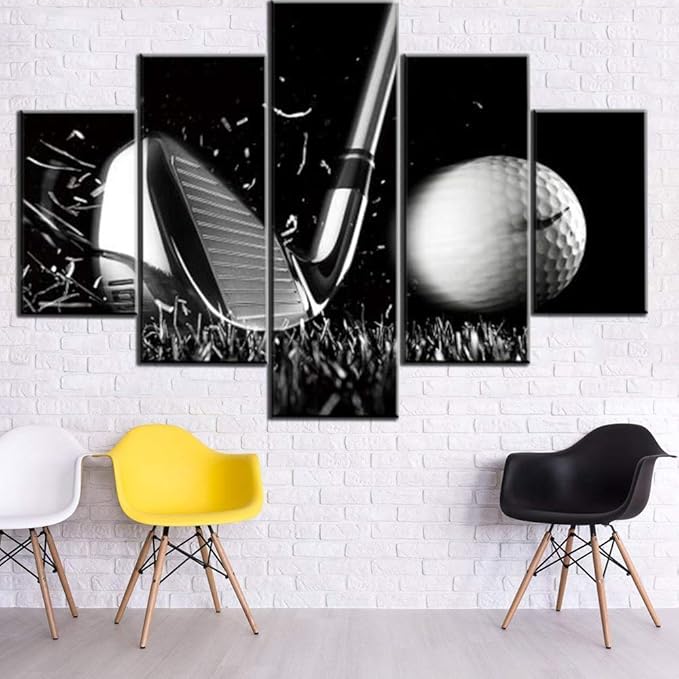 Black and White Paintings Golf Pictures 5 Panel Canvas Golf Ball Wall Art for Living Room Golfing Sport Artwork Contemporary Home Decor Giclee Framed Ready to Hang Posters and Prints(60''Wx40''H)