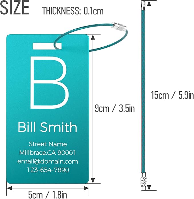 Personalized Metal Luggage Tags, Custom Suitcase Aluminum Name Tags with 5.9in Steel Ring, Laser Engraved Text and Logo, for Travel Gift, Baggage, Golf Bag (Lake Blue)