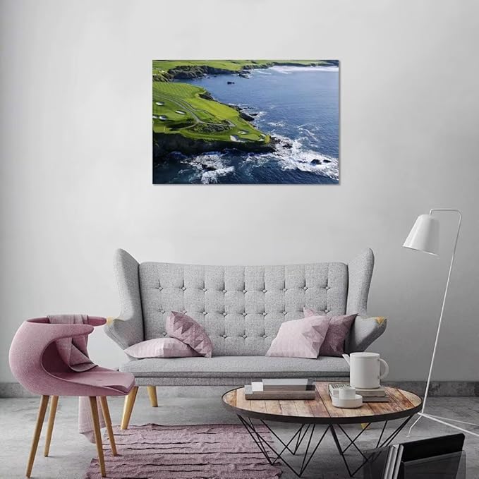 Pebble Beach Golf Course Canvas Wall Art for Living Room Bedroom Bathrooom Home Decorations California Coastal Golf Course Picture Poster Framed Artwork Ready to Hang(28''H x 44''W)