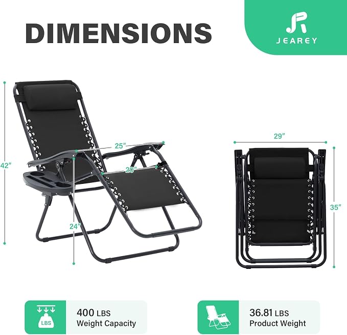 JEAREY Zero Gravity Chairs 2 Set, Adjustable Patio Recliners, Steel Frame - Image 3