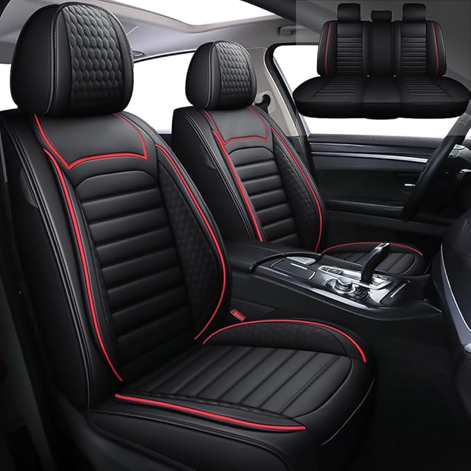 Leather Car Seat Covers for Volkswagen Golf Alltrack 2017-2019,Car Seat Covers Full Set,Seat Covers with Safety,Waterproof Seat Cover Compatible Airbag(5pcs Black&Red Standard)