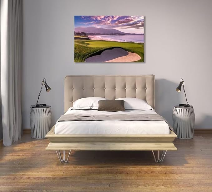 Pebble Beach Golf Course 9th Hole Wall Art for Living Room Bedroom Bathroom Home Decorations Monterey California USA Golf Course Picture Poster Canvas Prints Framed Ready to Hang(12''H x 16''W)