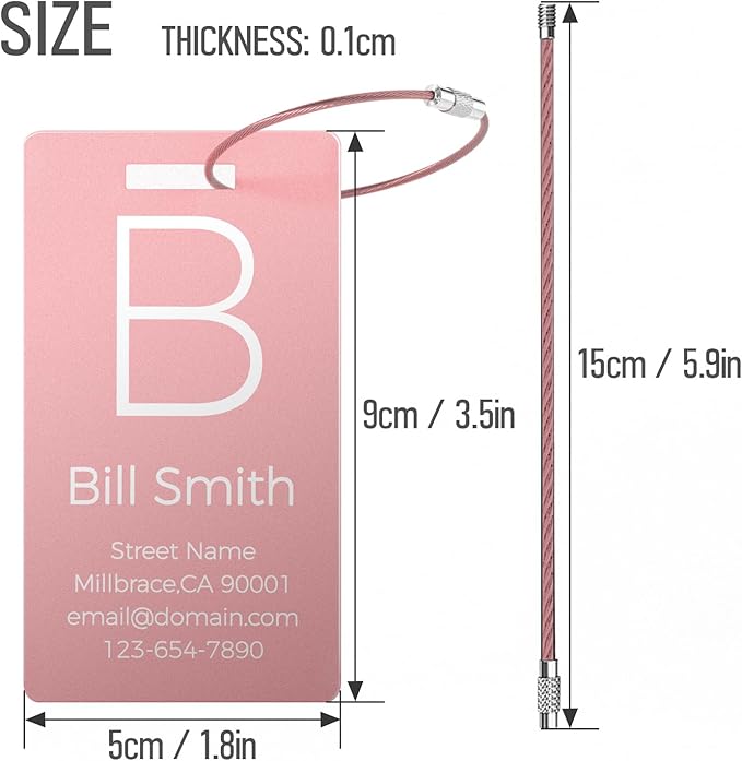 Personalized Metal Luggage Tags, Custom Suitcase Aluminum Name Tags with 5.9in Steel Ring, Laser Engraved Text and Logo, for Travel Gift, Baggage, Golf Bag (Pink)