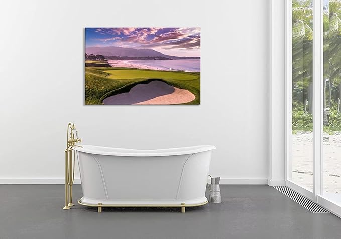 Pebble Beach Golf Course 9th Hole Wall Art for Living Room Bedroom Bathroom Home Decorations Monterey California USA Golf Course Picture Poster Canvas Prints Framed Ready to Hang(12''H x 16''W)