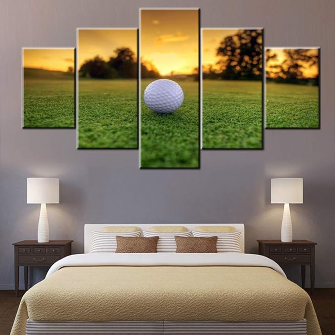 Wall Pictures for Living Room Golf Course Paintings Sunset Scape Artwork Multi Panel Green Canvas Wall Art Modern Home Decoration Giclee Wooden Framed Ready to Hang Posters and Prints(60''Wx32''H)