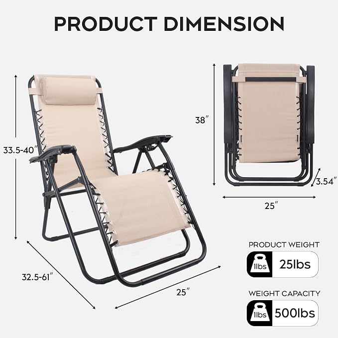 Set of 2 Adjustable Zero Gravity Lounge Chairs Outdoor Recliner w/Cup Holder - Image 3