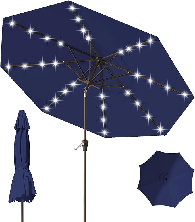 9FT Patio Umbrella with Solar Lights, Outdoor Market Umbrella with Tilt and by YourPerfectOutdoorEscape