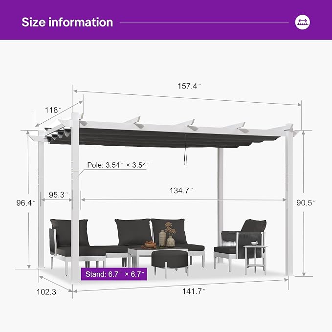 PURPLE LEAF Retractable Pergola 10' x 13' White Pergola, Extra Canopy, anchored - Image 3
