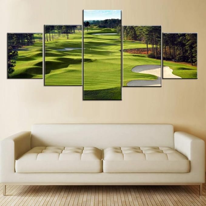 Golf Pictures Wall Decor Golf Course Paintings Premium Quality Artwork on Canvas Green 5 Piecs Sand Bunker Wall Art for Living Room House Decor Framed Ready to Hang Posters and Prints(50''Wx24''H)
