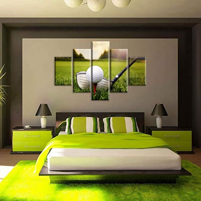 5 Piece Canvas Wall Art Golf Course at Sundown Pictures for Living Room Contemporary Paintings Giclee Golfing Artwork House Decorations Wooden Framed Ready to Hang Poster and Prints(60''W x 40''H)