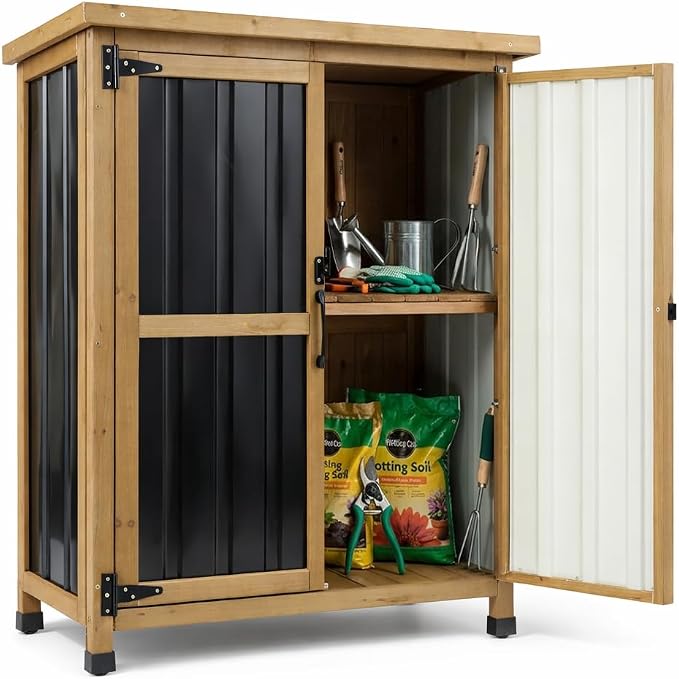 Ketive Small Outdoor Storage Cabinet Wood & Metal, Small Garden Tool Storage by Ketive