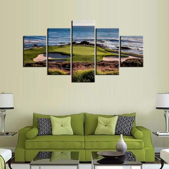 Pebble Beach Pictures for Living Room Golf Course Paintings Golfing Sports Wall Art 5 Pieces Prints on Canvas Seascape Artwork Country Home Decorations Framed Giclee Ready to Hang Gift(60''W x 32''H)