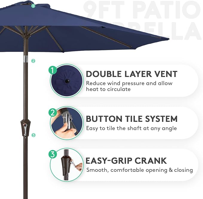 JEAREY 9FT Outdoor Patio Umbrella, Market Umbrella, Deep Blue | Outdoor Table - Image 2