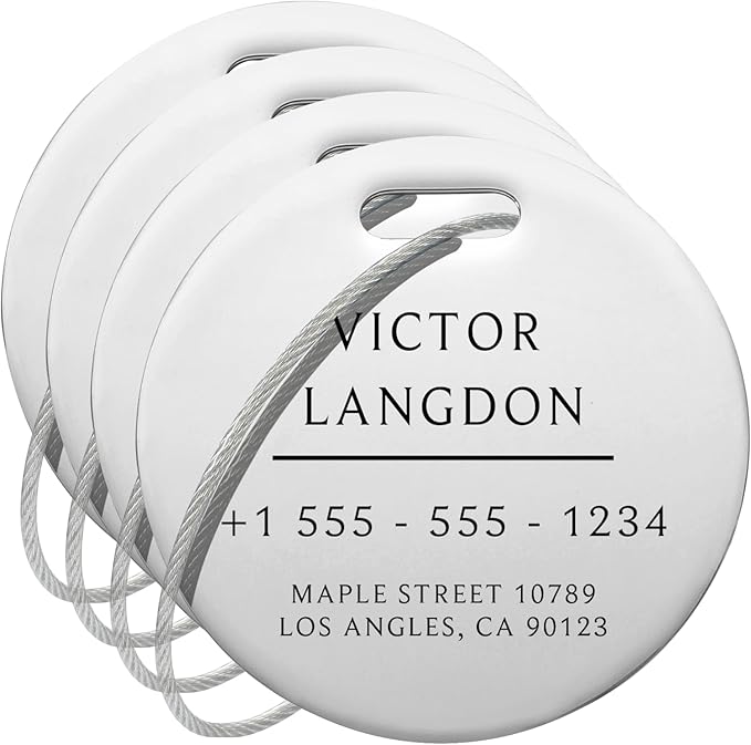 Stainless Luggage Tags for Suitcases 4 Pack: Metal Personalized Luggage Tags for Backpacks & Bags with Customizable Texts (Silver)