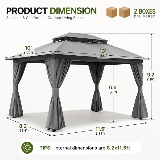 10'x13' Outdoor Gazebo, Metal Frame Heavy Duty Patio Canopy Tent Shelter - Image 7