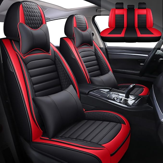 Leather Car Seat Covers for Volkswagen Golf Alltrack 2017-2019,Car Seat Covers Full Set,Seat Covers with Safety,Waterproof Seat Cover Compatible Airbag(5pcs Black&Red Bars Luxury)
