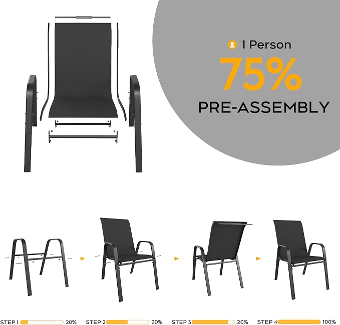 Black Patio Chairs Set of 6, Stackable Outdoor Dining Chairs - Image 5