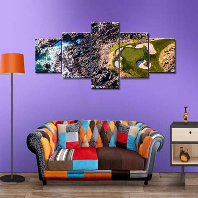5 Panel Canvas Wall Art California Golf Links Paintings for Bedroom Ocean Stone and Green Lawn Pictures HD Prints Modern Home Decor Sea Landscape Artwork Framed Stretched Ready to Hang(50''Wx24''H)