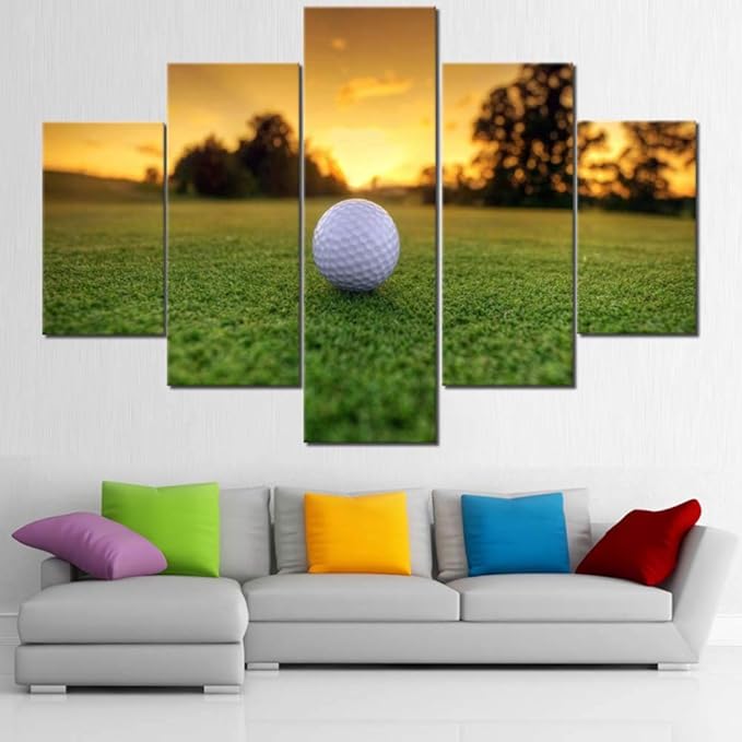 Wall Pictures for Living Room Golf Course Sunset Scenery Paintings White Golfball Artwork Gallery-Wrapped 5 Panel Prints Canvas Wall Art Modern Home Decor Framed Stretched Ready to Hang(60''Wx40''H)