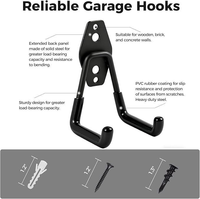 Garage Hooks Heavy Duty - 16 Pack Garage Storage Hooks Anti-Slip Coating Wall Mount Hook for Hanging Ladders Bikes Garden Tools Hose
