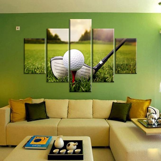 5 Piece Canvas Wall Art Golf Course at Sundown Pictures for Living Room Contemporary Paintings Giclee Golfing Artwork House Decorations Wooden Framed Ready to Hang Poster and Prints(60''W x 40''H)