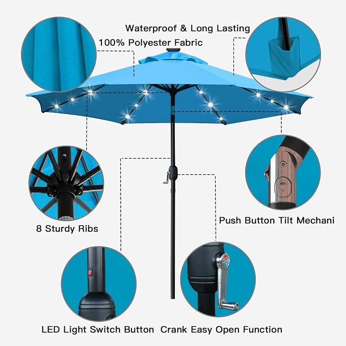 Sunnyglade 9' Solar LED Patio Umbrella, 8 Ribs, Tilt & Crank | 9Ft Patio - Image 2