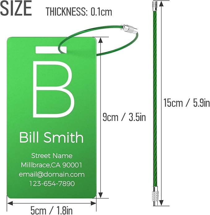 4 Personalized Metal Luggage Tags for Suitcase, Laser Engraved with Text and Logo, Custom Aluminum Name Tags with Stainless Steel Ring, for Travel, Golf Bag, and Baggage (Green)