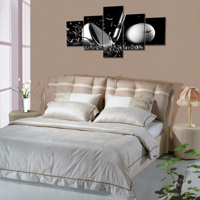 Golf Course Pictures White and Black Wall Art Golf Ball Paintings Multi Panel Printed on Canvas Landscape Artwork Modern Home Decoration Giclee Wooden Framed Gallery-Wrapped Ready to Hang(50''Wx24''H)