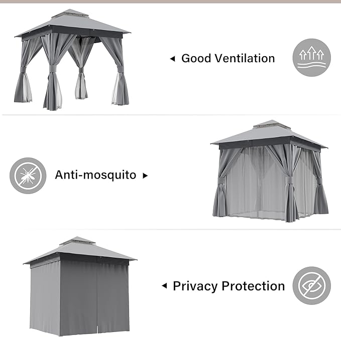 8'x8' Outdoor Gazebo with 50FT String Lights, Metal Heavy Duty Patio Canopy - Image 3