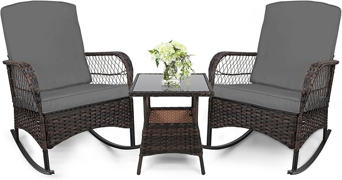 3 pcs Rocking Bistro Set Conversation Chairs PE Wicker Outdoor Rocking Chairs & by Enjoyyourlife