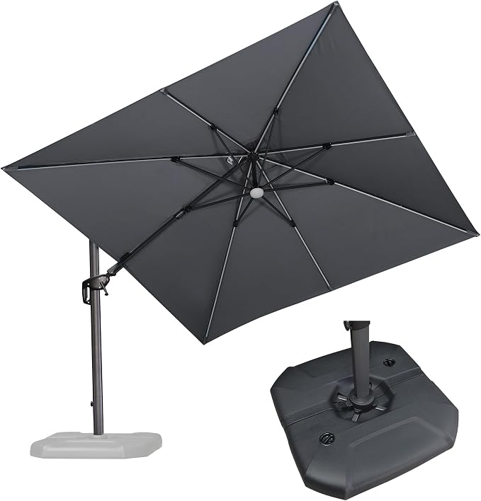 PURPLE LEAF Patio Umbrella W/Base Left-right Tilt 10FT LED, Light Grey | Create by PURPLELEAF