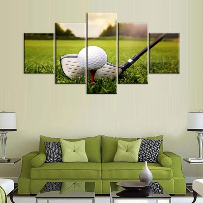 Rustic Wall Art Golf Club and Ball in Grass Pictures for Living Room Golfing Sport Paintings Gallery-Wrapped 5 Panels Printed on Canvas Home Modern Decor Framed Ready to Hang(60''W x 32''H)