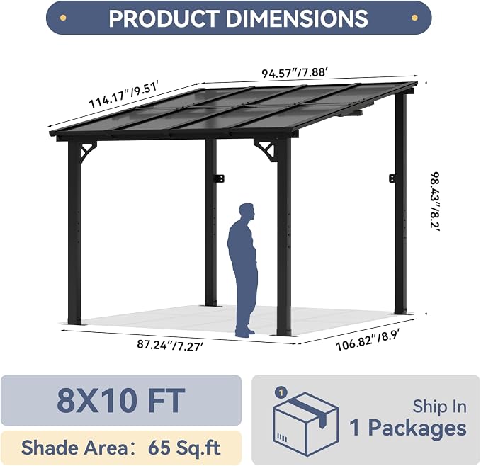 10x8 FT Lean to Gazebo Pergola, Outdoor Wall Mounted Gazebos - Image 2