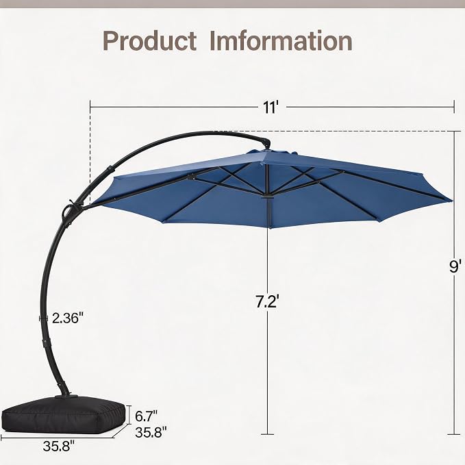Outdoor Patio Umbrella with Base included, 11 FT Deluxe Curvy Cantilever - Image 2