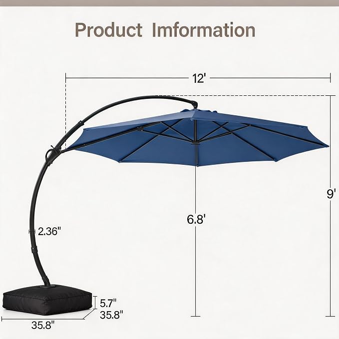Outdoor Patio Umbrella with Base included, 12 FT Deluxe Curvy Cantilever - Image 3