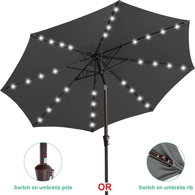 JEAREY 9' Patio Umbrella with Solar Lights, LED Umbrella, Dark Gray | Outdoor - Image 2