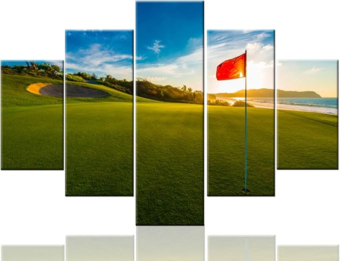 Golfing Pictures for Living Room Golf Course Scenery Paintings Red Flag Artwork 5 Piece Canvas Wall Art HD Prints Contemporary House Decoration Wooden Framed Gallery-Wrapped Ready to Hang(60''Wx40''H)
