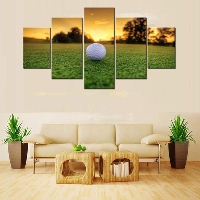 Wall Pictures for Living Room Golf Course Paintings Sunset Scape Artwork Multi Panel Green Canvas Wall Art Modern Home Decoration Giclee Wooden Framed Ready to Hang Posters and Prints(60''Wx32''H)