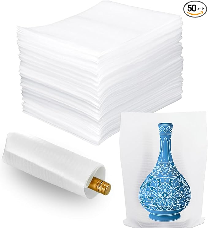 50Pack Packing Foam Pouches 8x12Inch, Cushion Foam Wrap Pouches Safeguarding Mugs,Cups,Glasses,China and Dishes for Packing Moving and Storage