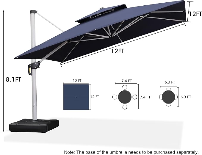 PURPLE LEAF Cantilever Patio Umbrellas 12' x 12' Large Double Top Navy Blue | - Image 9