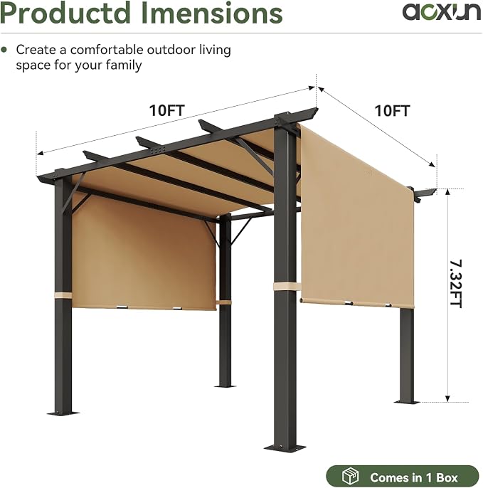 Aoxun 10'x10' Outdoor Retractable Pergola, Heavy Duty Metal Frame Pergola - Image 2