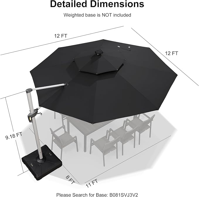PURPLE LEAF Cantilever Umbrella 12ft Solar LED Light Double Top, Stays bright - Image 6